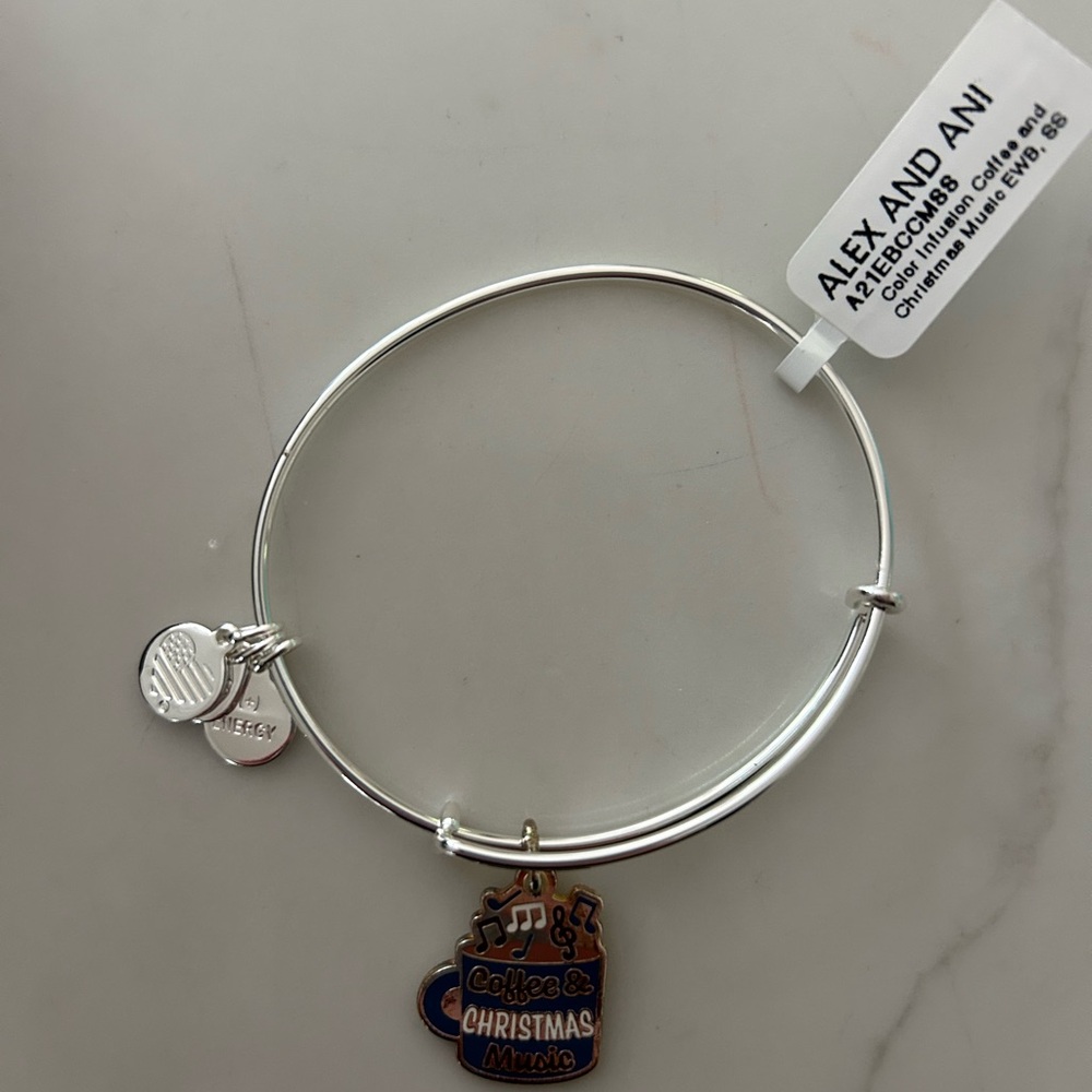 Alex and Ani Silver Bracelet with Coffee & Christmas Music Charm